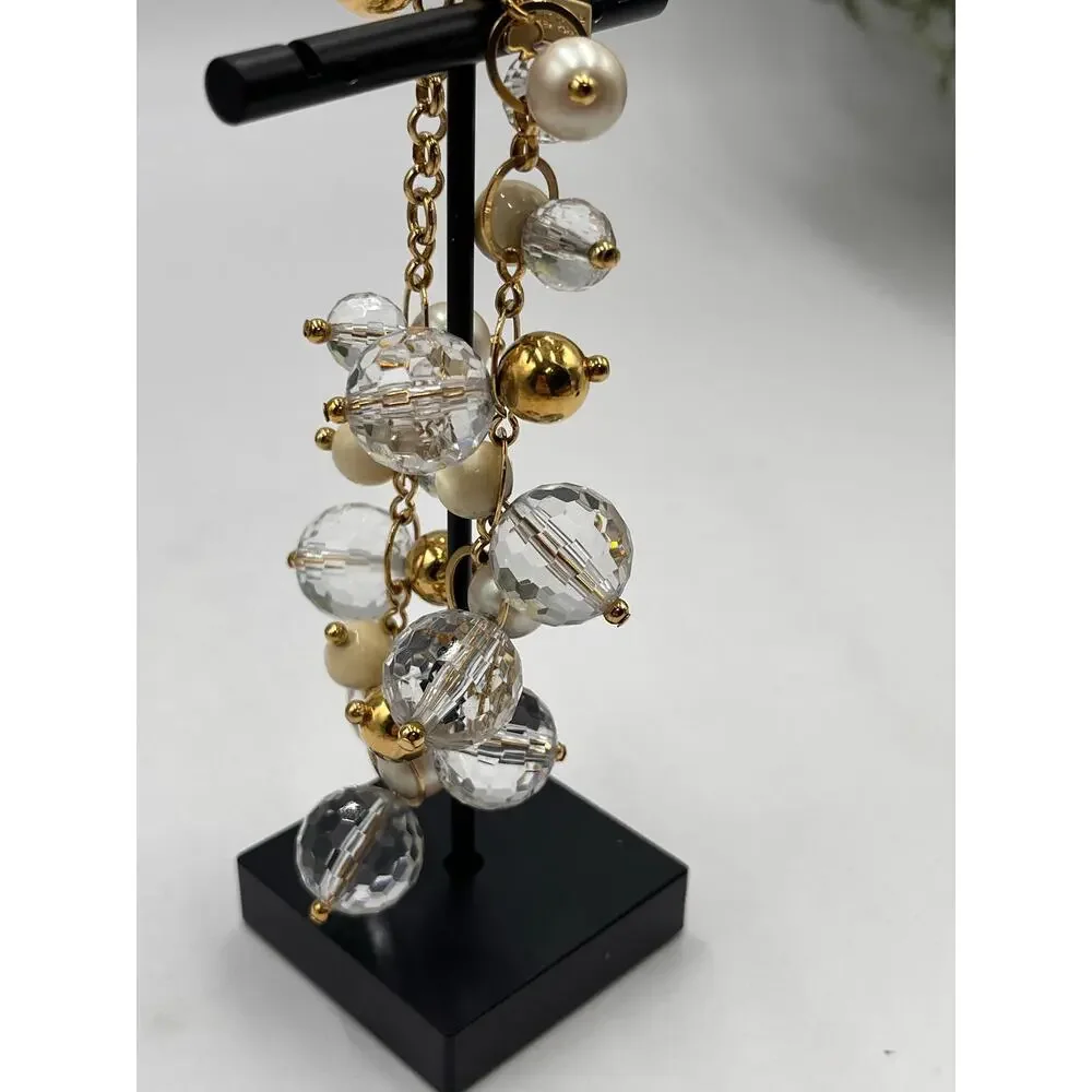 Kate Spade Signed‎ Gold Tone Pearl and Faceted Clear Beaded Cha Cha Bracelet - Picture 6 of 9
